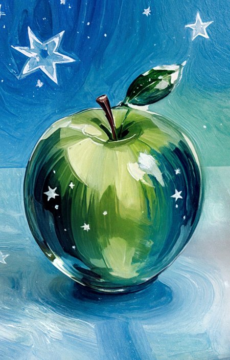 Abstract style painting,painterly style,Food paint  close up of  (intricate transparent glass green 1Apple statue made of a glass cut crystal galaxies,hyper realistic,ultra detailed,elegant,beautiful,1 tail),glass orb,black haze,blue haze,red haze,paths,patched planet,stars,saturn planet,snow,earth planet,Appetizing,culinary,