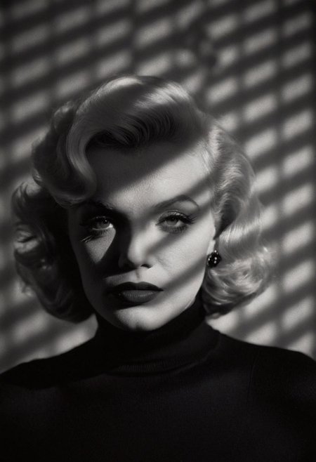 casting shadow style portrait of Marylin Monroe in her 20s wearing a black turtleneck (with a shadow on her face:1.2), serious look, cucoloris patterned illumination, shallow depth of field, highly detailed, high budget, bokeh, cinemascope, moody, epic, film grain, grainy, black and white