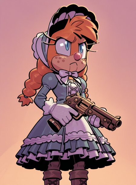 1girl, solo, furry,
<lora:Belle:0.9> belle the tinkerer, white gloves, victorian dress, high collar, long sleeves, petticoat, pantyhose, boots, bonnet,
holding gun, cowboy shot, serious expression,  <lora:EvanStan-IL:0.9> evnstnly, extremely detailed, highres, masterpiece, best quality