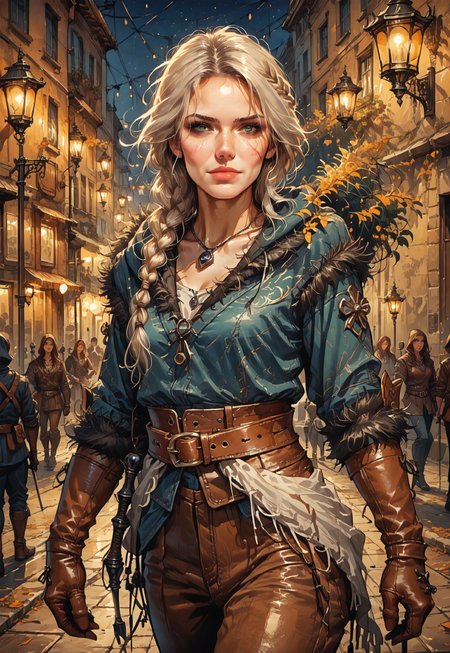score_9, score_8_up, score_7_up, (zPDXL3), female, face portrait, concept art, realistic,
1girl, solo, mature woman, cw4, 1girl, white hair, green eyes, scar, long hair, hair over shoulder, braid, single braid, hair ornament, scar, scar on face, scar across eye, lips, closed mouth, armor, slim waist, breasts, medium breasts,  sheathed, sheath, leather, pauldrons, fur trim, gloves, brown gloves, pants, brown pants, pouch, belt, boots, jewelry, necklace, hood, hood down, weapon, weapon on back, sword, sword behind back, ethereal beauty, looking at viewer, fantasy city street, night, lanterns, beautiful, cowboy shot, sexy, cocked hip,