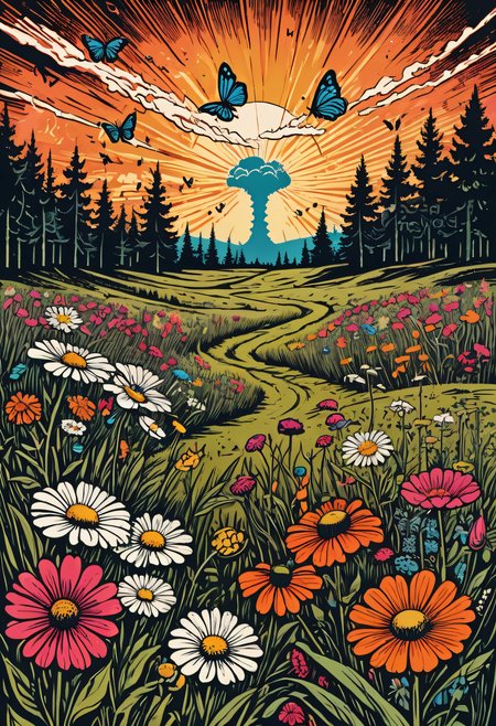 Apocalyptic and dystopic atmosphere, modern colourful woodcut printing of a beautiful flower meadow with butterflyies in the foreground and several terrifying atomic bomb explosions far away