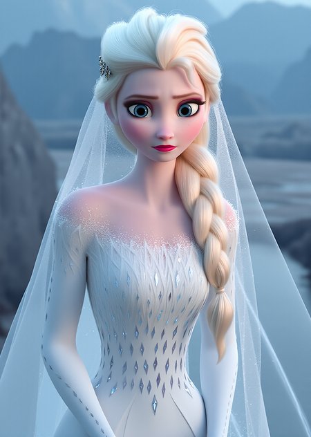 masterpiece,4k studio photo quality, inematic lighting,clear photo,upper body,portrait,outdoor,blushing,ultra detail skin,single braid,elsa \(frozen\), elsa's erotic pose, open eyes,shy, Veil,Wedding Dress,view from font, <lora:Elsa-Flux:0.9>ï¼