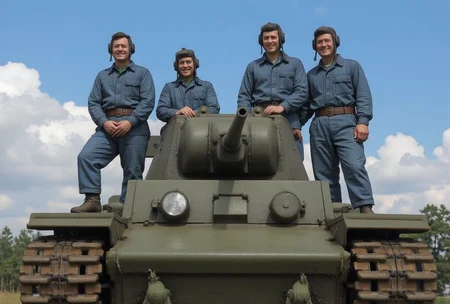 oil paintingof the battlefield,   <lora:kv1:0.8>,kv1,Four Soviet tank crew members wearing tanker helmets are standing on top of a tank, smiling.Wearing blue jumpsuitfrom front. <lora:soviet-tank-crew:0.8> soviet-tank-crew,