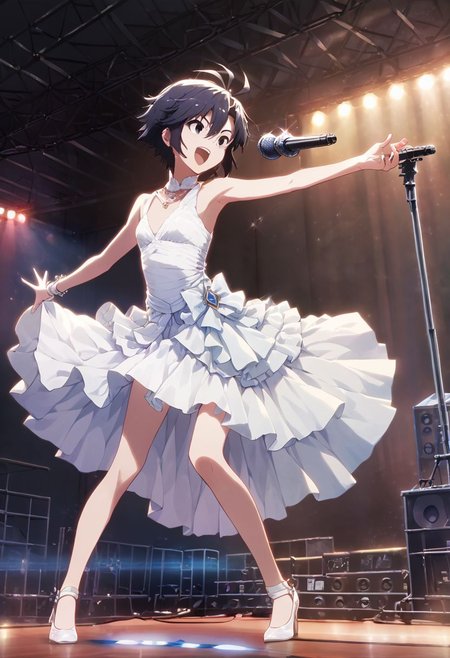 score_9,score_8_up,score_7_up,score_6_up,source_anime, <lora:Worldly_XL:1.00> assembly line, foundry, furnace, old factory, skylight, rooflight, (rock concert, microphone stand, microphone:1.3), 
1girl, solo, full figure, standing, dynamic pose, singing, dancing, <lora:KikuchiMakoto_pony_v1:0.9> kikuchi makoto, kkcmkt, short hair, black hair, antenna hair, hair between eyes, black eyes, flat chest, small breasts,  (long legs:1.2), white dress, white shoes, delicate strappy heels,
hands, <lora:detailed_hands:1.05> <lora:HandFineTuning_XL:0.65>
<lora:loraeyesxl:0.65>
zPDXL, zPDXL-neg
