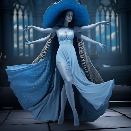cinematic photo woman with blue skin, wears a hat and a dress, cloak, extra arms, extra face, cracked skin, gracefully dancing <lora:Ranni1024:1> . 35mm photograph, film, bokeh, professional, 4k, highly detailed