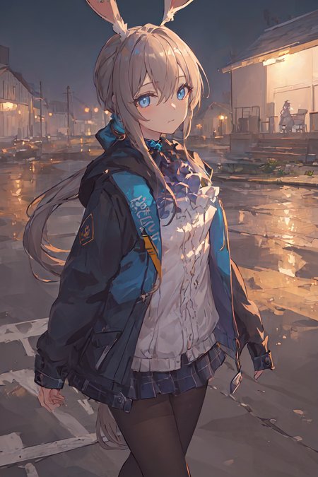 (Masterpiece, best quality, very detailed CG, highly detailed,beaultiful eyes, complex details:1.2),(1girl),vivid
cowboy shot,
walking,closed mouth,looking at viewer,(low ponytail:1.2),rabbit ears,
night sky,night,outdoors,
<lora:arknightsAMIYA_v20:0.9>