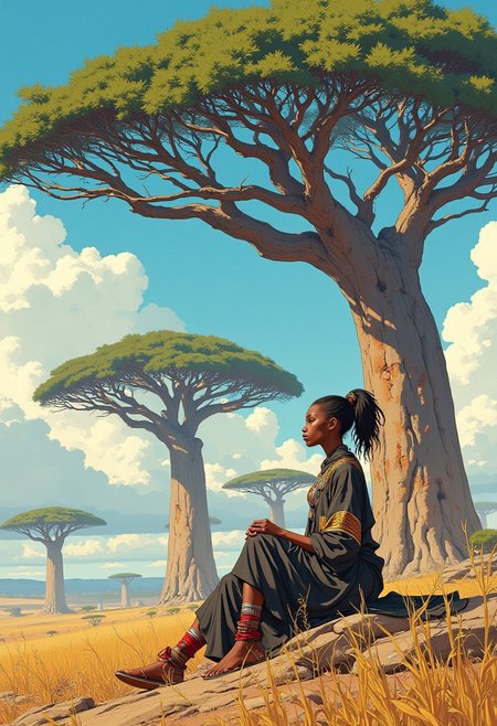 A young guard in her shwe-swhe robe sits and meditates under the baobab tree,  large baobab trees in the background, dynamic movement, intricate detail, tribal African elements, hints of gold and red, cyberpunk anime, cyberpunk, cumulus clouds