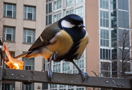 score_9, score_8_up, score_7_up, score_6_up, score_5_up, score_4_up, rating_safe,source_photorealistic,upper body,1bird,a gaint tit rampaging throughout a burning city,buildings,skyscraper,giant bird,size difference