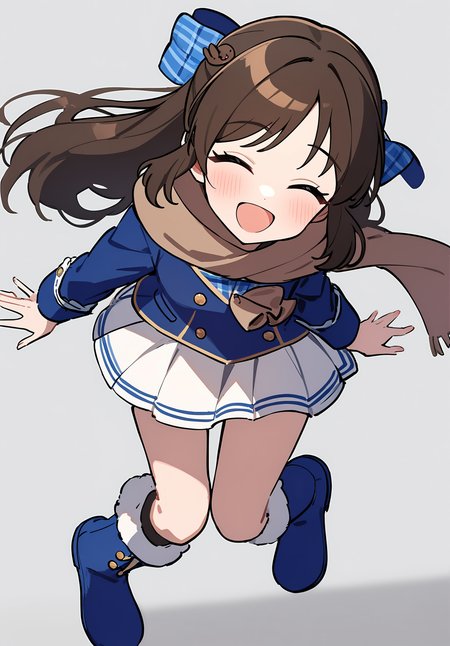 1girl, 
tachibana arisu, idolmaster, 
grey background, boots, blush, blue bow, white skirt, closed eyes, ^_^, open mouth, buttons, white stripes, long sleeves, blue sleeves, vest, full body, long hair, single braid, facing viewer, braid, rabbit hair ornament, brown hair, hair ornament, pleated skirt, plaid trim, plaid, blue footwear, bow, hair bow, blue vest, standing, skirt, double-breasted, brown scarf, smile, :d, scarf, miniskirt, 
masterpiece, newest, absurdres, safe
 <lora:2080ti_ag31_tachibana_arisu-000007:1>