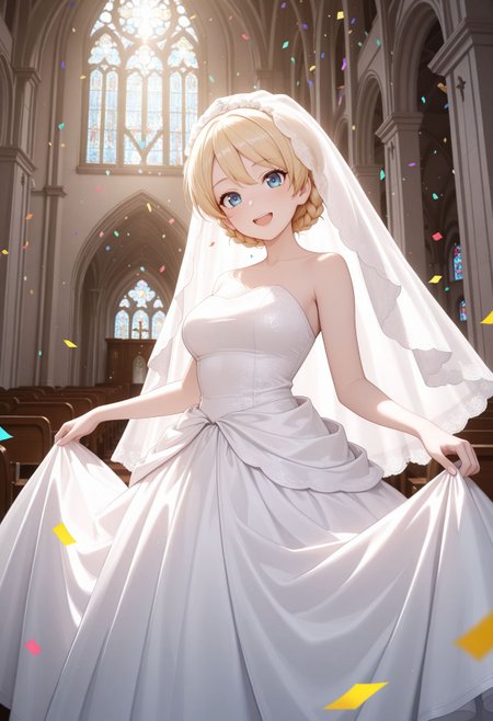 masterpiece,best quality,absurdres,highres,very aesthetic,high quality,detailed,insanely detailed,beautiful,perfect lighting, 
 <lora:Darjeeling illu :0.9> 
1girl, blue eyes, blonde hair, braid, short hair, twin braids, wedding dress, veil, church, (confetti:1.1), smile, open mouth, white dress, wedding dress), indoors,