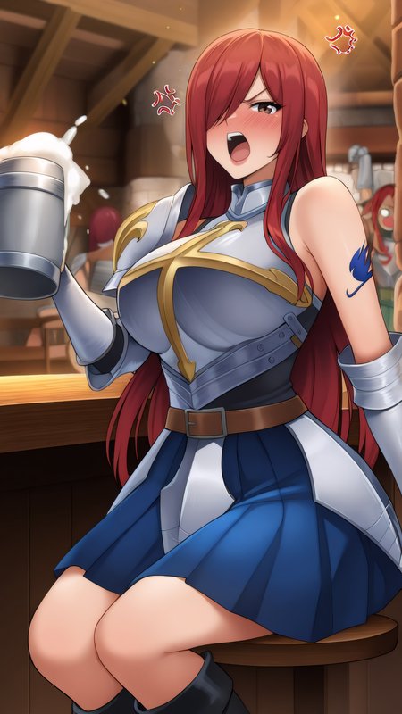 masterpiece, best quality, very aesthetic, absurdres, BREAK, 1girl, looking at viewer,
<lora:Heart_Kreuz_100YearsQuest_Illu_Dwnsty:0.8>, erz_hk100yearsq, brown eyes, red hair, long hair, hair over one eye, tattoo, breastplate, armor, blue skirt, pleated skirt, belt, single shoulder armor, armored dress, knee boots, black footwear, 
large breasts, lips, angry, open mouth, drunk, counter, spilling, 
indoors, bar, beer mug, drinking, sitting, chair, tavern,