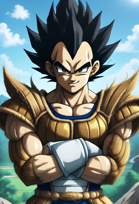 source_anime, pamcocomat, 1boy, vegeta, pamcocomat saiyan armor, upper body, crossed arms, looking at viewer, outdoors,spiky hair, black hair, Dragon Ball Z, angry, teeth, best quality, detailed face, detailed eyes