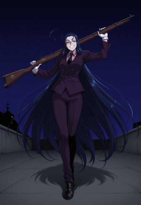 masterpiece, best quality, amazing quality, very aesthetic, absurdres, RipVanWinkle, 1girl, solo, female focus, blue hair, very long hair, huge ahoge, blue eyes, freckles, pale skin, glasses, purple jacket, pink shirt, black necktie, white gloves, purple pants, black shoes, weapon over shoulder, jezail, rifle, full body, warship, outdoors, night sky, grin, dynamic pose, perspective