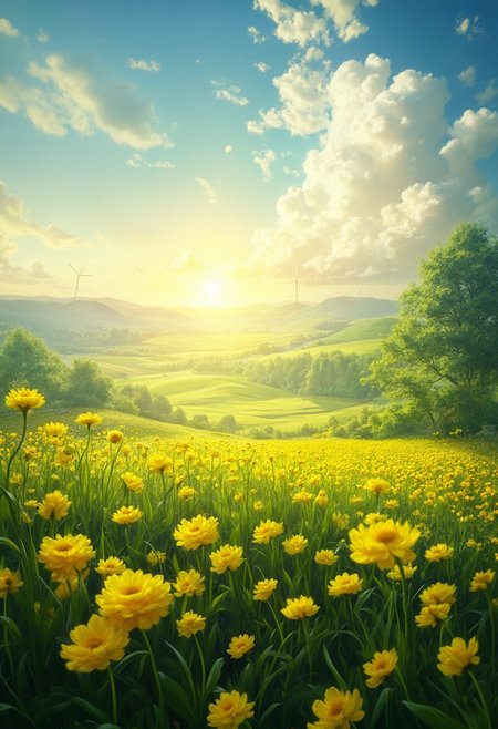 detailed background, from above,( Calm spring morning landscape), beautiful view, Flower Field, canola flower in full bloom, canola flower, early morning, sunrise sky, beautiful clouds, dappled sunlight, 
I can see a windmill in the distance, 
depth of field, masterpiece, best quality, ultra-detailed, very aesthetic, illustration, perfect composition, intricate details, absurdres, moody lighting, wisps of light, no humans,