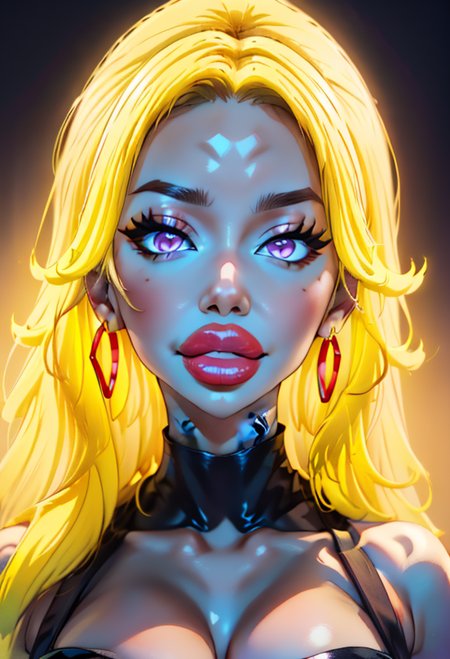 anime, simple, vibrant colors, (high res), HD, 4k, beautiful face, pretty face, cartoon, young, teen, <lora:anime_screencap_v2:.3> solo focus, solo, facing viewer, (club background:1.2, plain background:1.2, simple background:1.3), (looking at viewer), 1girl, BREAK, smile, expressive, (<lora:rwby_xiaolong:1> yang xiao long, long hair, yellow hair, multicolored hair, (ahoge), purple eyes, flame tattoo, earrings), <lora:fakelips_1:1> huge lips, lip filler, fakelips, high quality, face in view, detailed face, mature, painted nails, (red lipstick), mascara,(glowing-neon-purple-eyes, glowing-neon-red-lipstick, ) <lora:big_hair-1.0:1> big hair, wide grin, bimbo, bimbo lips, red lips, <lora:lukethighwalkerneonv8sd15:.8> <lora:bodycon-cutout-v1-wasabiya:1> bodycon, purple and yellow dress, bare shoulders, o-ring, navel cutout, bimbolips, massive lips, thick lips, puffy lips, <lora:BimbolipsV2:.6> bimbolips,