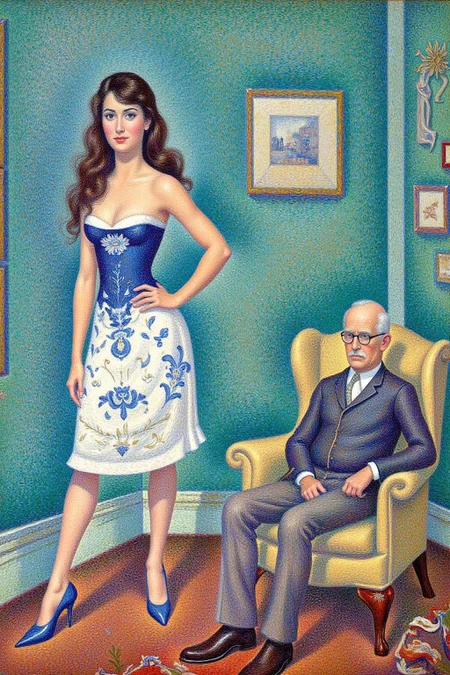 geoseu1 pointillist painting.
A room with a vibrant, textured background. The room is painted in a palette of turquoise and blue hues, with visible brush strokes giving the walls a textured, almost rough appearance. On the left, a young woman with long, wavy brown hair stands confidently. She is wearing a strapless white dress with a blue floral pattern and blue high-heeled shoes. Her posture is upright, with one hand on her hip, giving an air of self-assurance. She is positioned slightly to the left of the center of the image. To the right, an older man with a bald head and glasses sits in a beige armchair.  <lora:geoseu1_cap_d6a3e12:1.0><lora:821053715550223682:0>