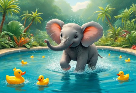 A playful baby elephant joyfully splashing in a vibrant tropical pool, surrounded by oversized, colorful rubber ducks floating on the water. The scene is illustrated in the charming styles of Mercer Mayer, Stephen Kellogg, and E. H. Shepard, capturing a whimsical and enchanting atmosphere