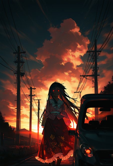 embedding:lazypos, masterpiece,  best quality, newest, highres, absurdres, houraisan kaguya, 1girl, red eyes, ground vehicle in background, solo, glowing eyes, power lines, outdoors, sky, standing, long hair, glowing, looking at viewer, blood, utility pole, neckerchief, dress, bangs, dark, cloud,limited palette, dark_theme, naidong (artist) <lora:TrendCraft_The_Peoples_Style_Detailer-v1.0A-3_13_2025-NoobVPRED:0.2>