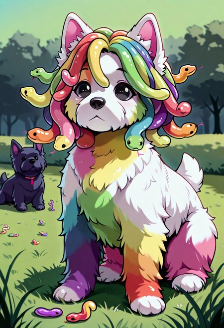 masterpiece, best quality, amazing quality, very aesthetic, absurdres,  amazing detail, intricate detail, fluffy Scottish terrier, w3st13, black eyes, rainbow fur, dog, animal focus, snake_hair all over the body, gummy worm hair, gradient hair, sugar, multicolored hair, playing in a back yard grass lawn, ral-fluff
