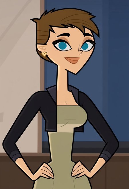 ((room background)),score_9, score_8_up, score_7_up,score_6_up, 
1girl, solo, Ivy_DC, light skin, blue eyes, dark brown hair, short hair, hairstyle pixie cut, yellow heart earrings, sleeveless olive green dress, black fitted short jacket, black tight pants, beige flat shoes, big eyes, cute, tall stature, social smile, perfect eyes, perfect smile, looking at the viewer, detailed eyes, perfect eyes, standing, big breasts (front pose, front view, bust shot) five fingers, perfect hands, hands on hips