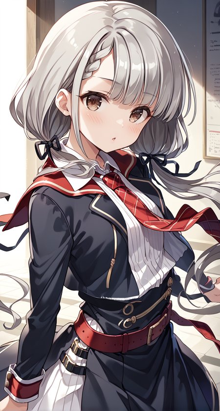 score_9,score_8_up,score_7_up,
official art,official style,game cg,megami magazine,
uncensored,
1girl,
hskwng blackdress,hisakawa nagi,
asymmetrical bangs,belt,belt buckle,black belt,black dress,black ribbon,
blush,braid,buckle,
collared shirt,dress,
eyelashes,brown eyes,grey hair,
hair ribbon,long hair,long sleeves,low twintails,
necktie,parted lips,plaid necktie,red necktie,
red sailor collar,ribbon,sailor collar,shirt,
standing,
<lora:idolmaster_hisakawa_nagi_pony_v1:1>,