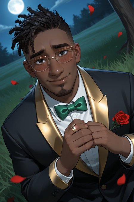 expressive manly face, shadow, dynamic angle, intricately detailed, depth of field, masterpiece, best quality, amazing quality, very aesthetic, absurdres, newest, very awa, 1boy, make focus, solo,coralnoah,black hair,short hair,dreadlocks,black eyes, glasses,dark skin,facial hair,goatee, kneeling, on one knee, looking at viewer, proposing, holding ring, offering ring, formal, suit, black suit, gold lapels, white collared shirt, green bowtie, smiling, blush, outdoors, moonlight, rose petals, grass, romantic, 