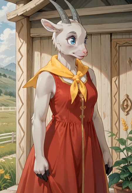 score_9, score_8_up, score_7_up, g04t, 1girl, solo, furry, goat, blue eyes, grey fur, horns, red dress, sleeveless, yellow neckerchief, cowboy shot, meadow,