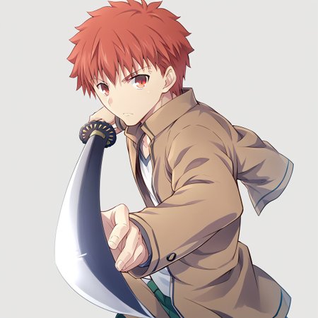 score_9, score_8_up, score_7_up, source_anime,  shirouemiya, 1boy, male focus, homurahara academy school uniform, solo, school uniform, yellow eyes, red hair, jacket, long sleeves, brown jacket, shirt, short hair,
<lora:gatotsu-stance-ponyxl-lora-nochekaiser:1>, gatotsu stance, weapon, sword, katana, holding weapon, holding, holding sword, foreshortening,