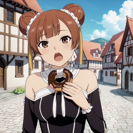 <lora:LaufenXL002>,<lora:DetailedEyes_V3:1.6>,looking at viewer,
solo,
anime screencap,
Laufen,1girl,brown hair,double bun,brown eyes,hair_ornament,
black dress,bare shoulders,
medieval town,doughnut,eating,open mouth,