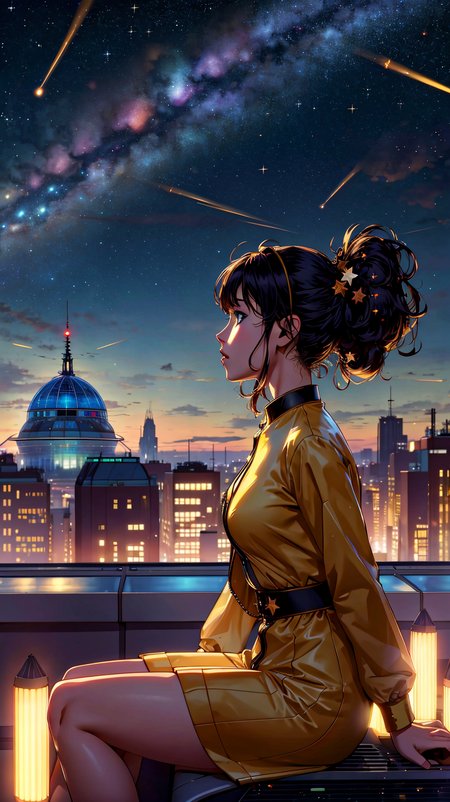 best quality, masterpiece, extremely detailed, detailed background, anime, 1girl, young girl, short girl, sci-fi, science fiction, outdoors, night, starry sky, (greenhouse), (megastructure), (city inside a bio-dome), landscape, scenery, horizon, rooftop, (sitting on rooftop), (hair blowing in the wind), (looking away), (atmospheric lighting), solo focus, close up, from side, depth of field, bokeh