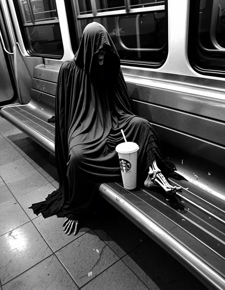 A candid, grainy photo of a Dementor slouched alone on a dirty subway bench, taken from a few seats away with a smartphone. The Dementorâs black, tattered cloak drapes over the edge of the plastic seat and pools on the gritty floor. One skeletal hand loosely holds a nearly empty iced coffee cup. The lighting is harsh and uneven from old fluorescent bulbs, with slight flickering. The floor is littered with crumpled napkins and an empty bottle rolling near the Dementorâs feet. The image is shot on iPhone, with soft motion blur, low-light grain, and imperfect composition â as if someone took it quickly and nervously. The vibe is eerie yet mundane â like spotting something out of place on your commute but pretending itâs normal. <lora:epiCRealnessRC1:1>