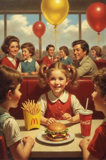 jore1 painting 
of a four-year-old girl with twin pigtails is celebrating her birthday at McDonald's, a place that feels like a magical playground for children. The joy on her face is unmistakable as she sits at a table set with a colorful array of items: crispy McDonald's fries in a bright yellow packet, a refreshing cup of Coca-Cola, and a juicy hamburger wrapped in its iconic packaging. Her pigtails bounce playfully as she moves, adding to the lively atmosphere. The table is also adorned with festive decorations, including balloons and streamers that match the vibrant McDonald's red and yellow color scheme. Family members gather around, their smiles reflecting the warmth and love of the occasion. The lighting inside the restaurant is soft yet bright, creating a welcoming environment that highlights the happiness of the moment. This scene captures the pure delight and excitement of a young child's birthday celebration, set against the backdrop of a beloved fast-food chain, where simple pleasures bring immense joy  <lora:jore1_cap_d6a3e12:1.0><lora:818379548652651205:0>