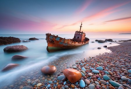 a minimalist long exposure art photo, in the foreground is the sea with an old sunken iron ship between small rocks, the sea is smooth, the color of still milk, a feeling of infinity, the background is just the sky except for a vague horizon line, the sky is pastel colored with a few pink orange pastel silky clouds occupying 1/3 of the photo, beautiful bioluminescent beach with multicolored pebbles in the foreground, morning sunrise ambience, silky waves glow with pastel light on the rocks, long exposure, shot from below, high key technique, copper-colored lateral light shines on the wreck, award-winning masterpiece, high detail, sharp sharp sharpness, 8K,  photographer Akos Major style art colors, lights, atmosphere, ambients