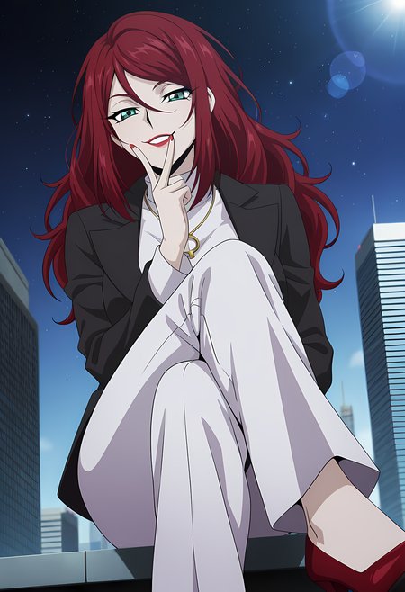 masterpiece,best quality,amazing quality,

1girl, solo,

Sophie Belle (Cardfight Vanguard), long hair, red hair, hair between eyes, green eyes, lipstick, red lips, makeup, jewelry, necklace, turtleneck, black jacket, white pants, high heels,

Smile, teeth, looking at viewer, 

cinematic, cross legs, upper body, 

Outdoors, On top skyscraper, sci-fi city, star (sky), 

Lens flare, bloom,

Official style, anime screencap, anime coloring,

v hand, v on mouth, smug,














