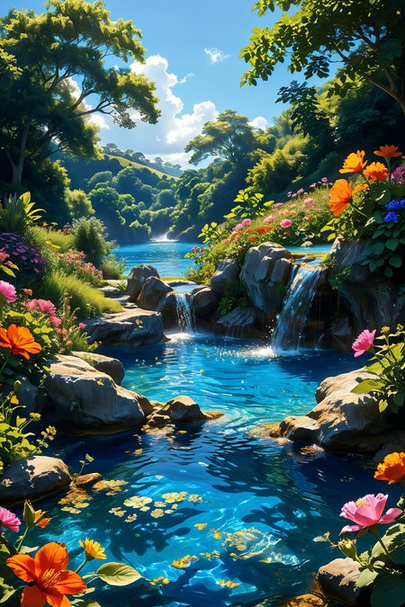 A stunning summer vista where a majestic waterfall cascades down into a sparkling blue pool surrounded by lush greenery and vibrant flowers. The sky is a brilliant blue with a few scattered clouds, and the sunlight dances on the water, creating a magical effect. The scene is serene and filled with the sounds of nature, evoking a sense of wonder and peace. native, original nature.
<lora:add-detail-xl:1.0>,
<lora:EnvyBetterHiresFixXL01:1.0>,
<lora:extremely_detailed:1.0>, extremely detailed,
<lora:EldritchMixIllustration_1.1:0.25>,
<lora:Summer_scenery:1.0>,
<lora:MJ52:0.5>,
<lora:zavy-cntrst-sdxl:0.5> dark, chiaroscuro, low-key,