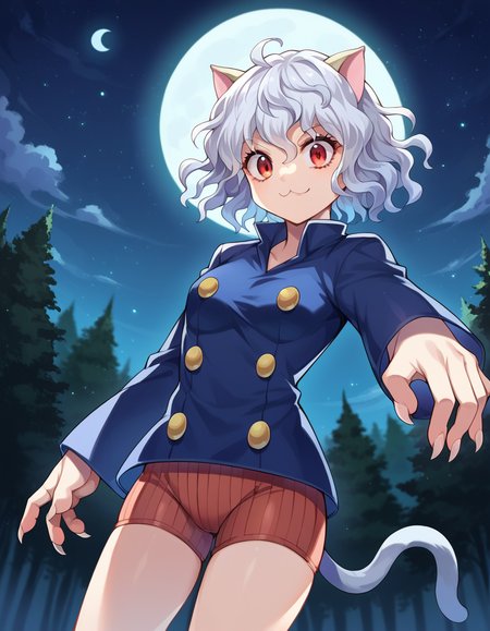 score_9, score_8_up, score_7_up, source_anime,
neferpitou, <lora:neferpitou-ponyxl-lora-nochekaiser:1>,
neferpitou, short hair, red eyes, animal ears, tail, white hair, cat ears, cat tail, curly hair, smile,
long sleeves, shorts,
outdoors, night, forest, night, moon, starry sky, fighting stance,
looking at viewer, dutch angle, cowboy shot,