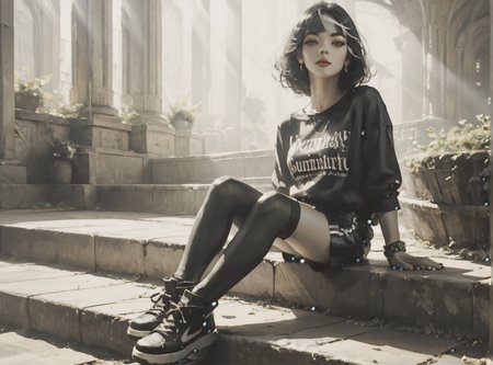 score_9, score_8_up, score_7_up, Environmental scene, character off to side, sitting in repose enjoying the view, 1girl, pale skin, medium breasts, <lora:sm0k3XLP:1>, <lora:goth_clothes:1>, goth casual clothes, jewelry, black stockings, black shorts, Black hair, white highlights, <lora:Our_Muted_Future_Style:1>,  <lora:0780 light rays_v1_pony:1> ruanyi0780, light rays, light, sunlight, sunbeam,