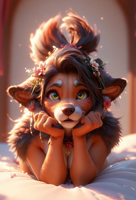 score_9, score_8_up, score_7_up, 
 furry anthro dog girl, pleasured, big detailed beautiful green eyes, Dropped ears, looking up, looking at viewer, front view,paw pose, POV, ass presenting, fluffy tail