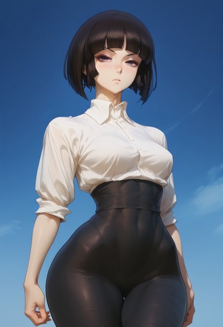 score_9_up, score_8_up, score_7_up, Anime_source,score_9, score_8_up, score_7_up, rating_explicit, uncensored ,
1girl, focus, , 
Kivye, black eyes, black hair, short hair, blunt bangs, short hair,
normal uniform,  black pantyhose not transparent ,white shirt,black pantyhose, Battle clothes, 
sexy slender curvy body, (sexy thick thighs),  extremely sexy legs,  blush, nose , sexy body, wide hips and narrow waist, ,