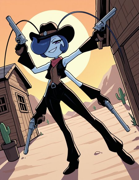 masterpiece, best quality, amazing quality, very detailed, newest, no humans, WnMlttBt, pokemon \(creature\), multicolored skin, (4 arms:1.4), blue hair, antennae, 1girl, (holding revolvers, revolver, gun), cowgirl, cowboy, (wild west), desert, cactus, wooden shack, smirk, pants, vest, shirt, cowboy hat, (dynamic pose, dynamic angle), (holding multiple weapons), hair over one eye, (no nose), gloves, sunset, <lora:1214d12e-1ad5-4f79-9766-25110fe55ba4:0.8>