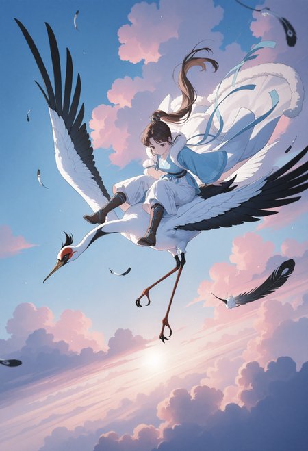 1girl, brown hair, dark brown eyes, beautiful eyes, jewelry, accessories, hanfu, fur-trimmed cape, boots, riding on a white Chinese crane, sitting astride, riding, sitting with legs apart on the crane's back, sky, flying above, clouds, atmospheric perspective, distant mountains, dusk, bright tones, feathers, windy, intricate detail, very beautiful, dynamic angle, dynamic action pose, dynamic movement, romantic fantasy, beautiful art, pastel colors, soft colors, flat colors