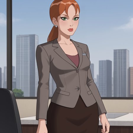 <lora:pepperpottsemh_pony_v1:.7> pepperpottemh, 1girl, pencil skirt, green eyes, earrings, jewelry, ponytail, long hair, office lady, jacket, lipstick,  suit, brown hair