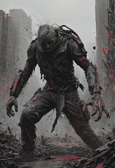a combat cyborg, battle damaged, looking at the sunset over a faraway distopian city, colorful, muted rusted eroded paint, looking defeated,