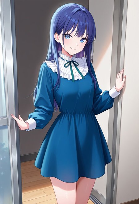 (absurdres, best quality, masterpiece:1.4), amazing quality, highres, newest, detailed, detailed body, detailed face, beautiful, petite, 
BREAK
WWNemu, 1girl, solo, standing, smile, NemuMang, manga illustration, blue dress, white frill collar, neck ribbon