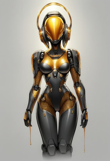 Create a captivating digital artwork of a robotic or synthetic humanoid figure, blending technological and organic elements in a striking, surreal manner.
* Close-up focusing on head and upper torso
* Directional lighting creates highlights and reflections on smooth surfaces
* Slightly elevated angle emphasizes the figure's poise and contemplation
* Primary colors: black, gold/orange
* Dark background enhances golden hues of honey-like substance
* Secondary colors: dark gray/black for background, metallic/synthetic tones for figure
* Smooth, helmet-like structure with golden visor encases the head
* Honeycomb patterns and viscous, honey-like substance integrated into design
* Substance clings to figure's form, creating glistening strands and droplets
* Intricate mechanical details visible beneath flowing substance
* No clothing or jewelry; technological and organic elements blended seamlessly
* Figure constructed from smooth, black, metallic/synthetic material
* Mechanical parts blend with organic elements, emphasizing fusion of technology and nature
* Digital painting or rendering with smooth textures and precise details
* Surreal blending of materials creates unique, captivating atmosphere
* Contemplative, poised posture conveys sense of serenity
* Directional lighting adds dynamic energy to the scene
* Overall mood is one of futuristic wonder
pmg style