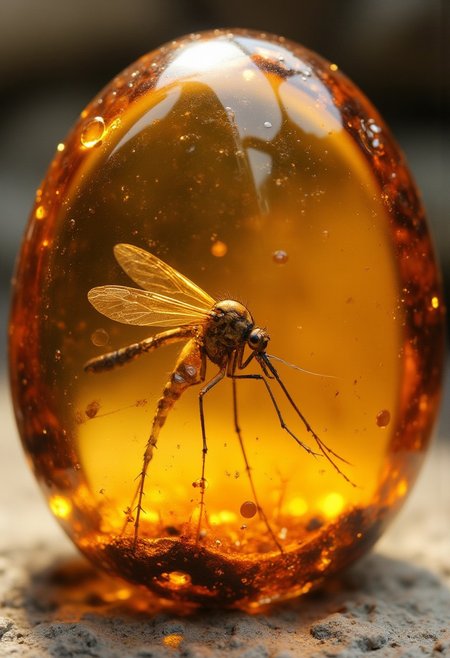 improved cinematic photo, 35mm photograph, film, professional, 4k, highly detailed, aidmaMJ6.1, 
An amber fragment enclosing a mosquito, 
The amber fragment is a smooth, slightly irregular sphere, roughly the size of a marble, with a warm golden-brown hue. Its surface is polished, gleaming softly under light, revealing a mesmerizing play of golden, honey, and orange tones. Tiny air bubbles and organic inclusions are scattered throughout, lending it a sense of antiquity and natural complexity.
Inside, a perfectly preserved mosquito lies suspended in time, its delicate body encased in the translucent amber. The mosquito's fragile wings are intricately veined, spread slightly as if caught mid-flight, shimmering faintly under the amber’s glow. Its slender legs are bent, and its long proboscis is clearly visible, emphasizing its ancient yet recognizable anatomy.
Around the mosquito, subtle striations and minute organic fragments, possibly plant material or dust, create a vignette that frames the insect. The amber’s clarity varies in places, with some sections slightly cloudy, further accentuating the mosquito as the focal point. The fragment feels timeless, a tiny time capsule offering a glimpse into a prehistoric world millions of years ago