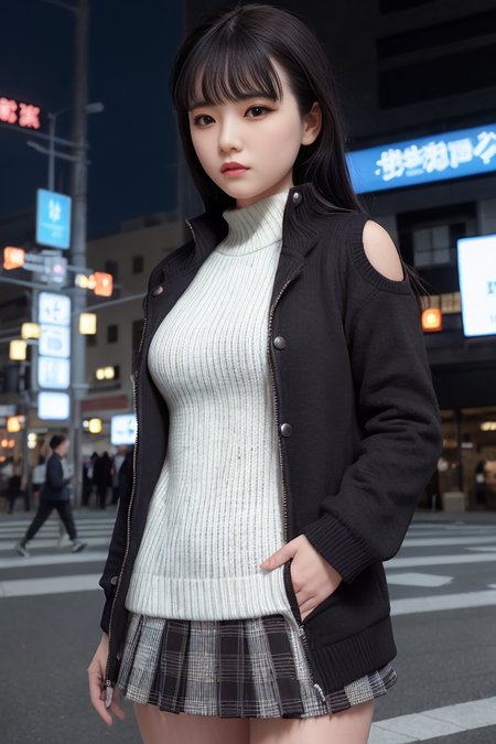 (skin blemish:1.2), (skindentation), black eye, 1woman, 25yo, (((woman))), solo, realistic,  best quality, photorealistic, masterpiece, 8k, high res, solo, extremely detailed face,  (professional lighting, bokeh), (light particles, lens flare, glowing particles:0.6), (dynamic pose:1.2), soft lighting, top angle view, fashionable and trendy atmosphere, japan, (street:1), tokyo, (city), ((nighttime)), sky,  ((looking at the viewer:1)), (looking at the camera),(portrait:0.6), cowboy shot, gorgeous, walking, keep original facial proportion, wide shoulder, full body,  (medium breast),  (long hair), red hair, floating hair, lips, lipstick, seductive smile, floating hair, smile, open_mouth, teeth, eye ring, hood, (hoodie:1),  high_neck_sweater,  jacket,  plaid, plaid_skirt,, eyelashes, mole, (mole under eye:1),   <lora:NaganoS:0.75>