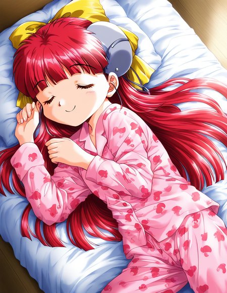 score_9, score_8_up, score_7_up, source_anime, rating_explicit, BREAK  <lora:Nanako_RISE_XL:1>ãNanako_RISE, long hair, red hair, closed eyes,  bangs,  hair bow, headgear, yellow bow, solo,
pink pajamas, animal print,  lying,  happy, long pants, sleeping, closed mouth,
bed room, flooring,