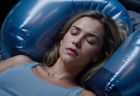 uhd, 8k, ultra detailed, 1woman, lying down to sleep, InflatableAirbag, darker, lights off
