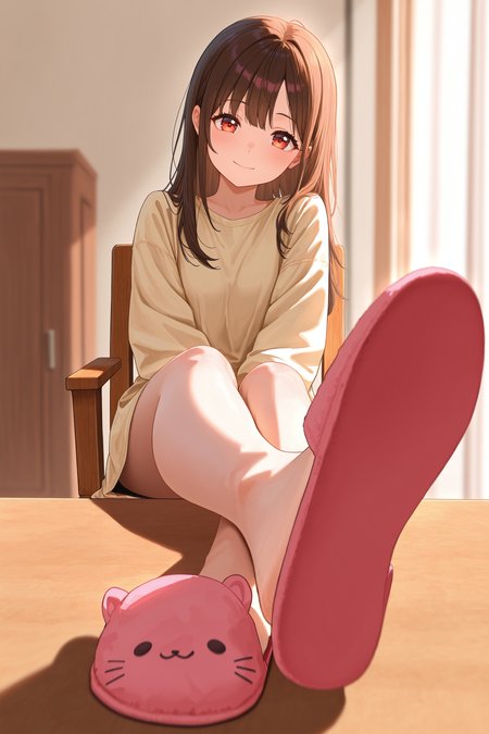 masterpiece, best quality, absurdres, safe
1girl, sitting, outstretched legs, feet on table, crossed ankles, full body,
looking at viewer, on chair, foreshortening, depth of field, slippers, 
smile
<lora:outstretched_legs_il_2_v2_final:1>